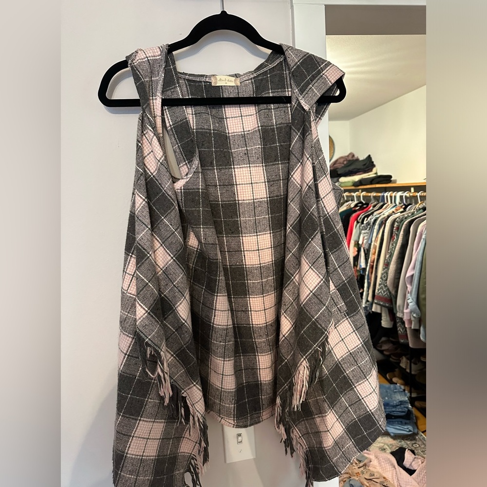 Pink and grey plaid wool like vest